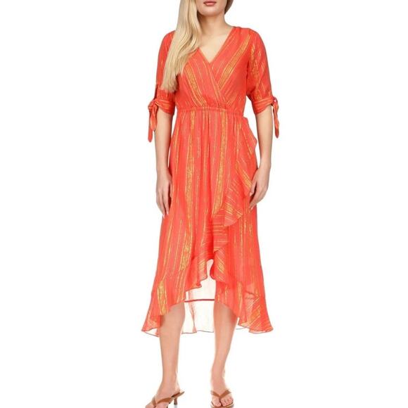 MICHAEL Michael Kors Dresses & Skirts - MICHAEL Michael Kors Sangria Metallic Orange/Gold Faux Wrap Midi Dress Size L